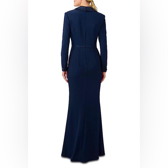 Adrianna Papell NotchedCollarLongSleeveSlit FrontZipperBack Stretch Crepe Dress - Picture 3 of 4